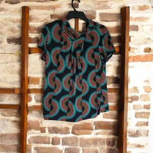 Worthington Blue and Brown Graphic Blouse with Mandarin Collar